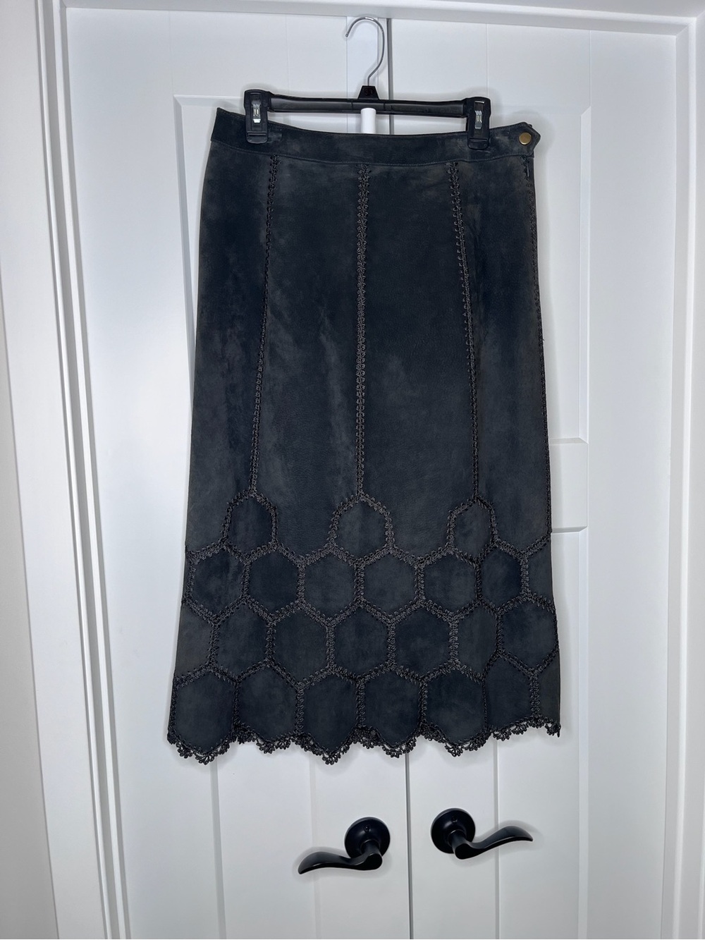 Sigrid Olsen Pewter 100% Suede Midi Skirt with Hex Stitch Hem NWT Size 8